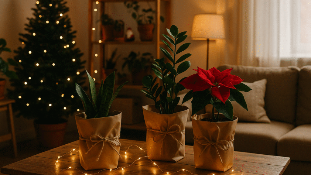 macetas envueltas como regalos de Navidad