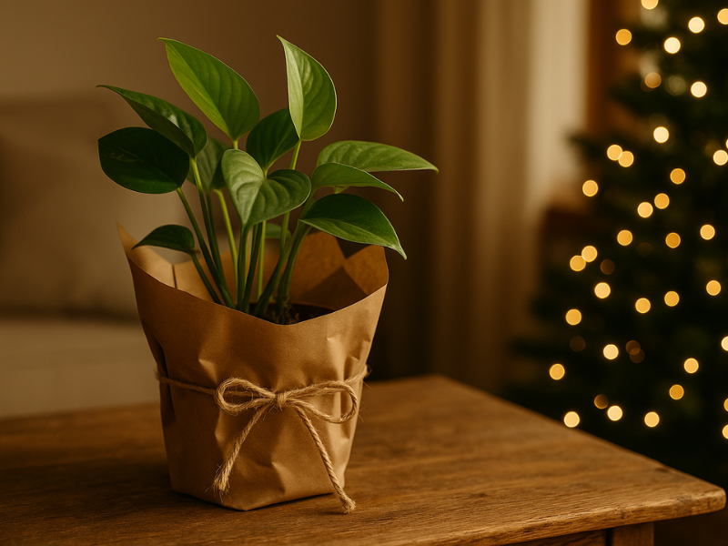 maceta sobre la mesa envuelta como regalos de navidad