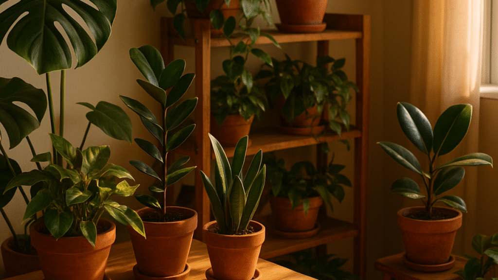 plantas de interior en una estanteria de madera