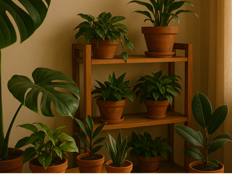 plantas de interior en estanteria de madera
