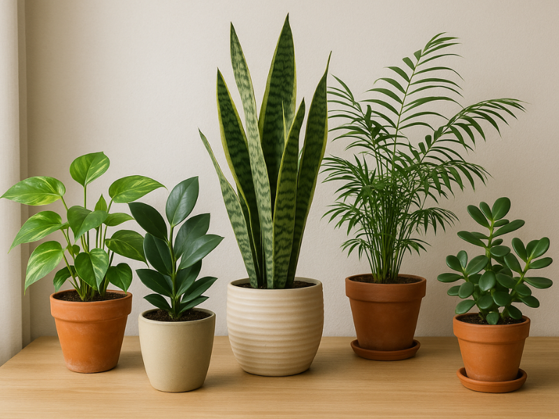 varias macetas sobre la mesa para elegir tu primera planta