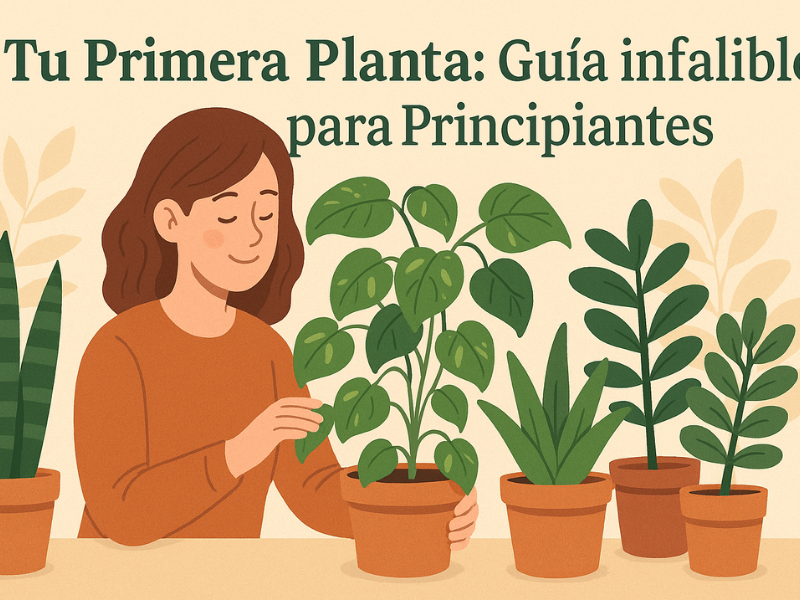 ilustración chica cuidando plantas y rótulo de elegir tu primera planta