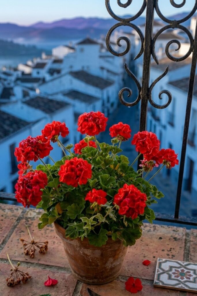 detalle de geranios rojos en maceta
